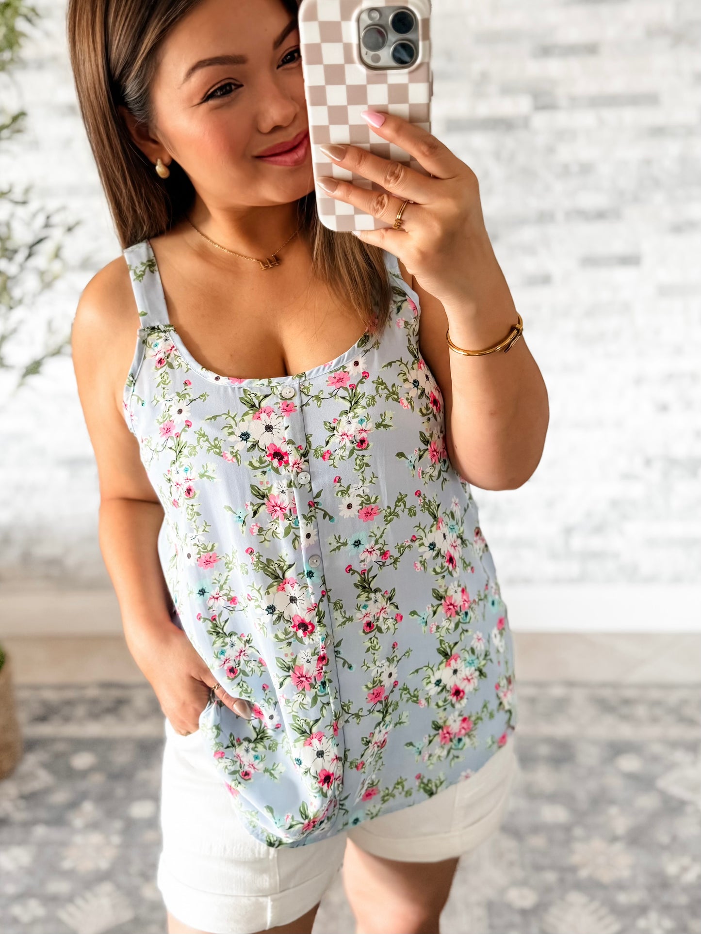 PERIWINKLE FLORAL BUTTON FRONT TANK