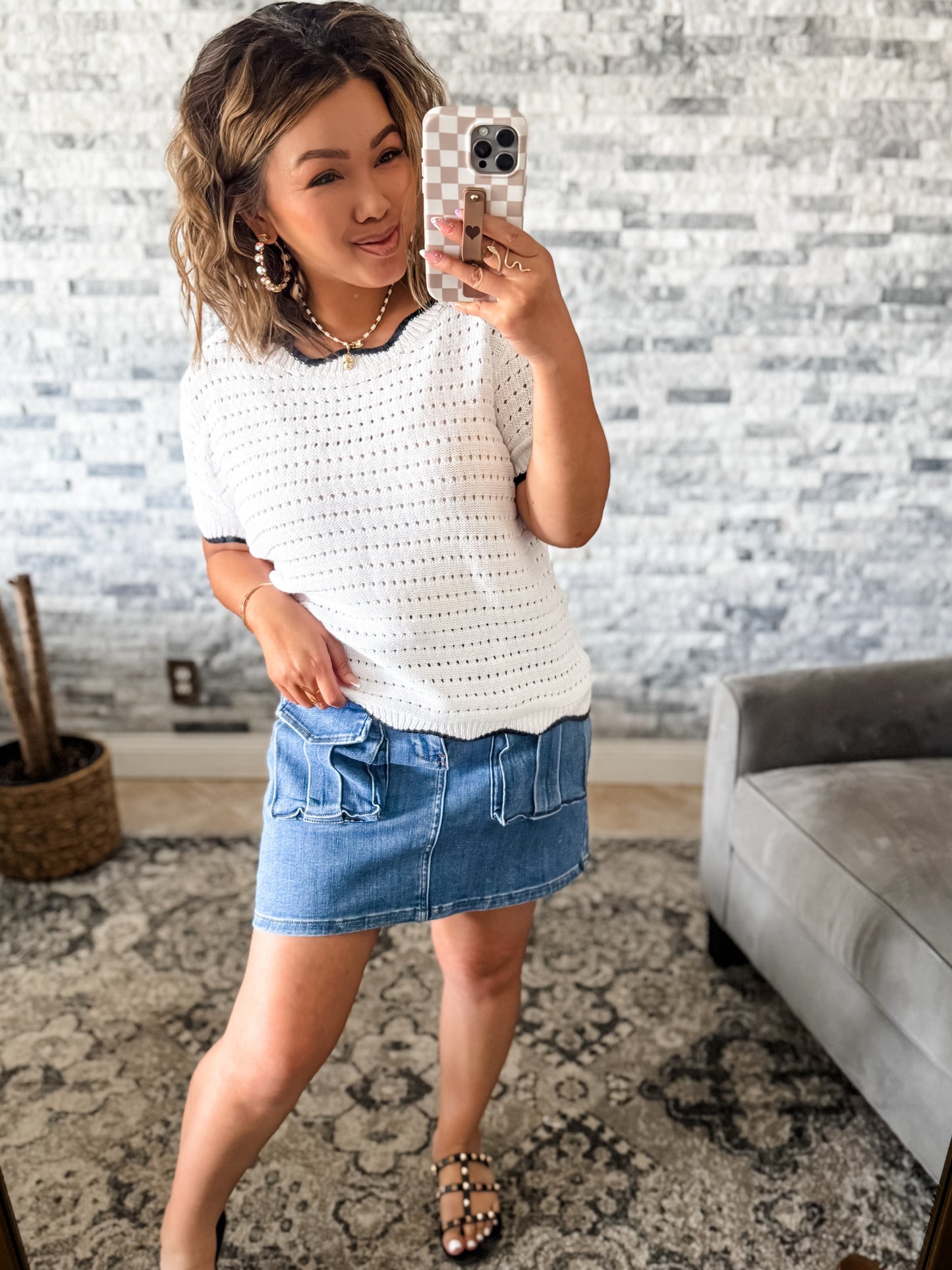 OPEN KNIT SWEATER TOP w/ BLACK SCALLOPED TRIM