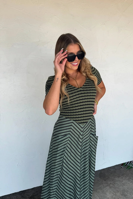 CALISTA STRIPE MIXED KNIT DRESS - OLIVE