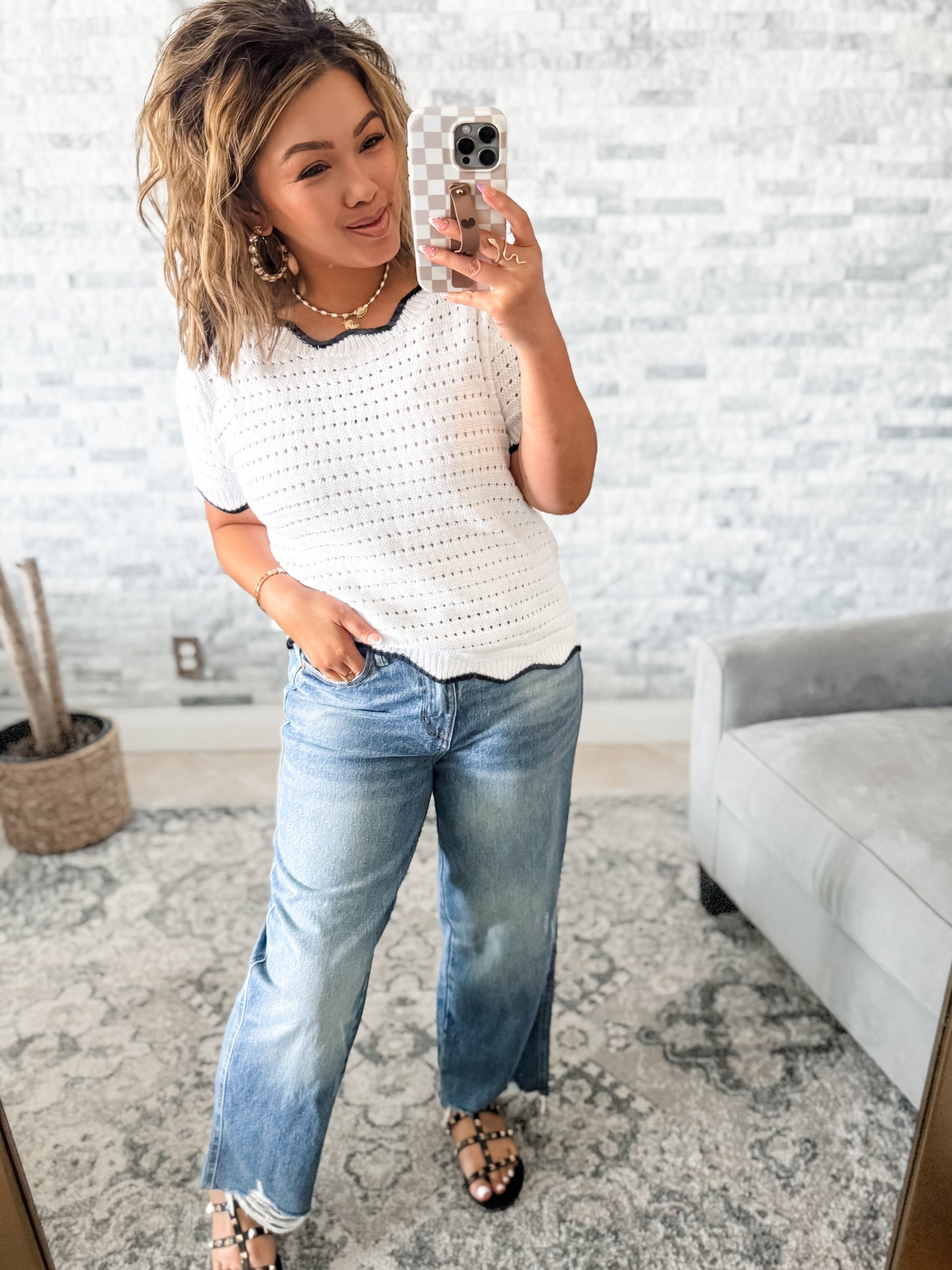 OPEN KNIT SWEATER TOP w/ BLACK SCALLOPED TRIM