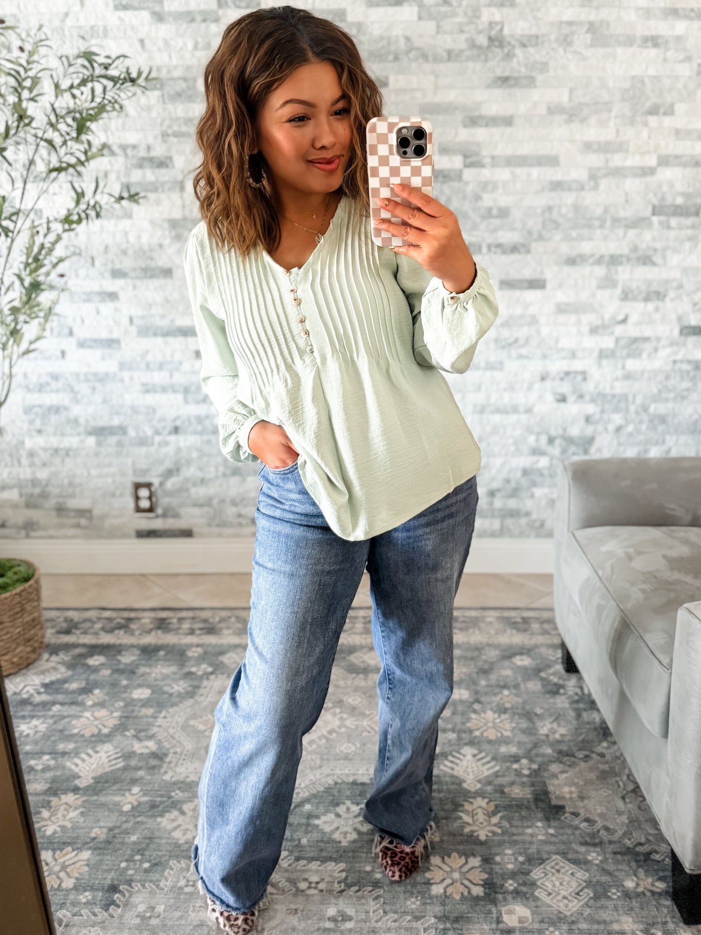 SAGE FRONT PLEATED BUTTON DETAIL BLOUSE