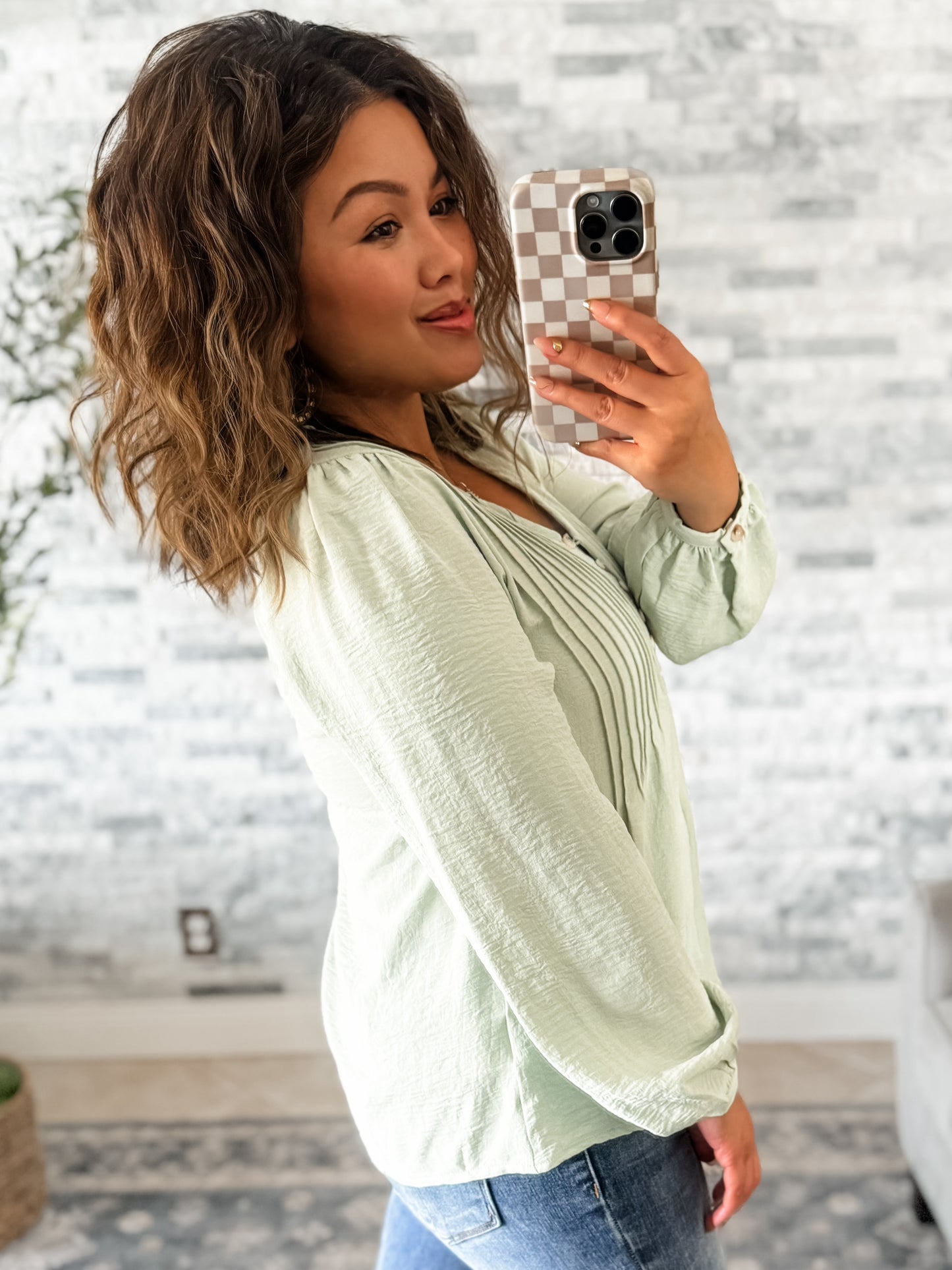 SAGE FRONT PLEATED BUTTON DETAIL BLOUSE