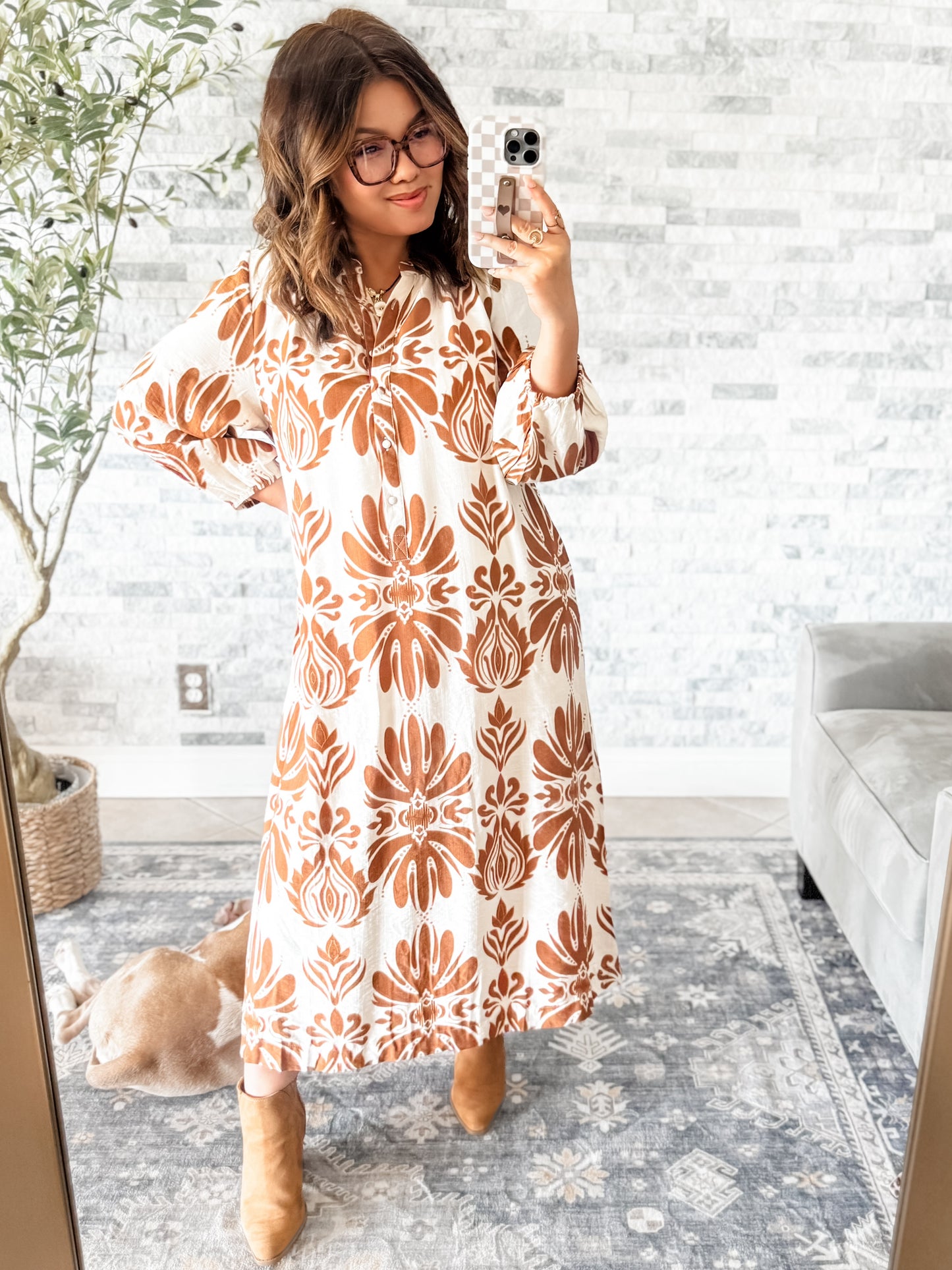 TAUPE ABSTRACT PRINT MIDI BUTTON DRESS w/ POCKETS