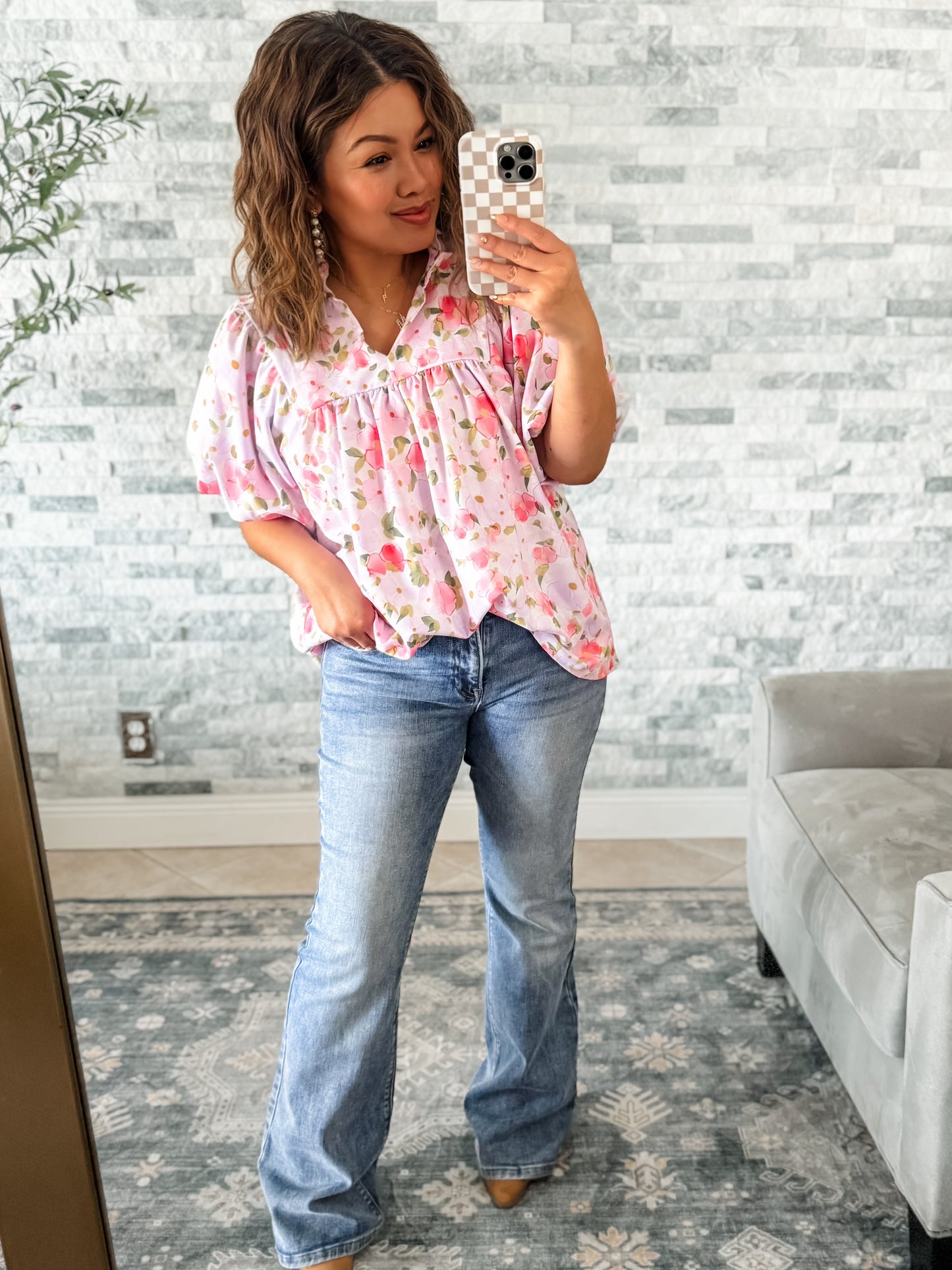 PAINTED BLOSSOMS PUFF SLEEVE TOP
