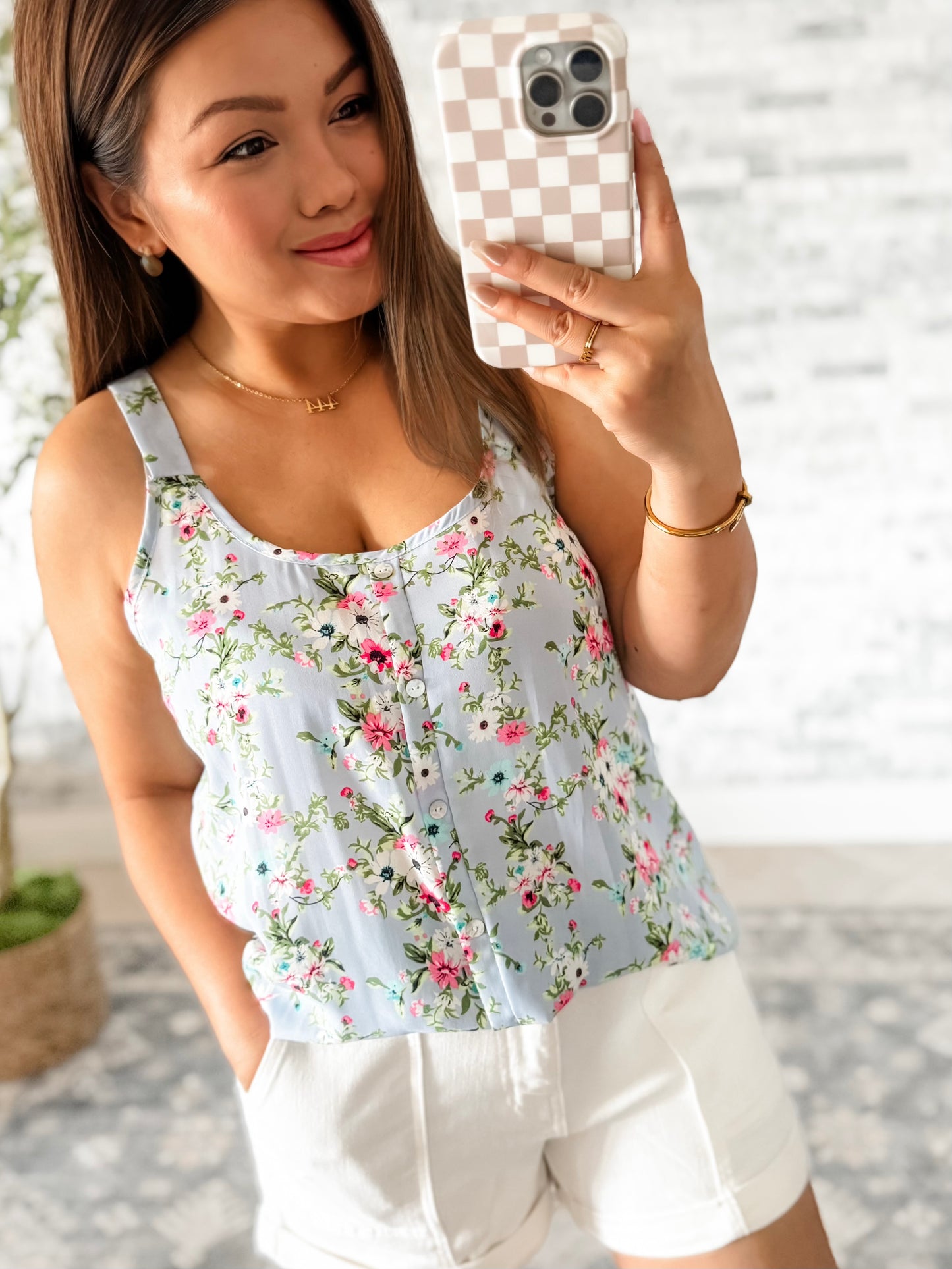 PERIWINKLE FLORAL BUTTON FRONT TANK