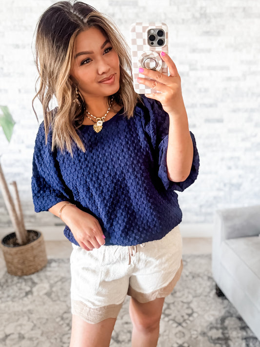 JACQUARD BOXY CUT BUBBLE SLEEVE TOP in NAVY