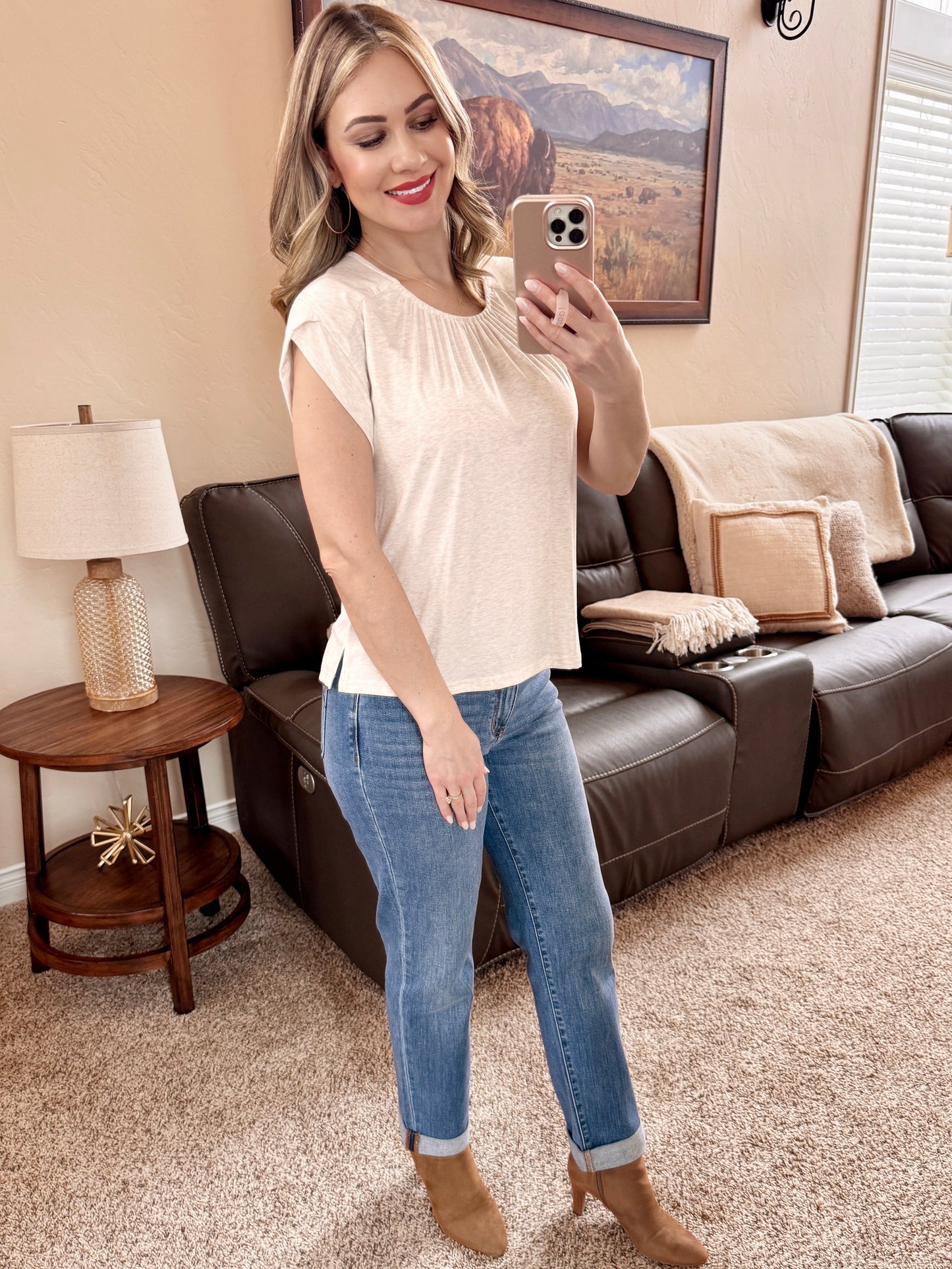 RUCHED FRONT OATMEAL TOP w/ SLEEVE DETAIL