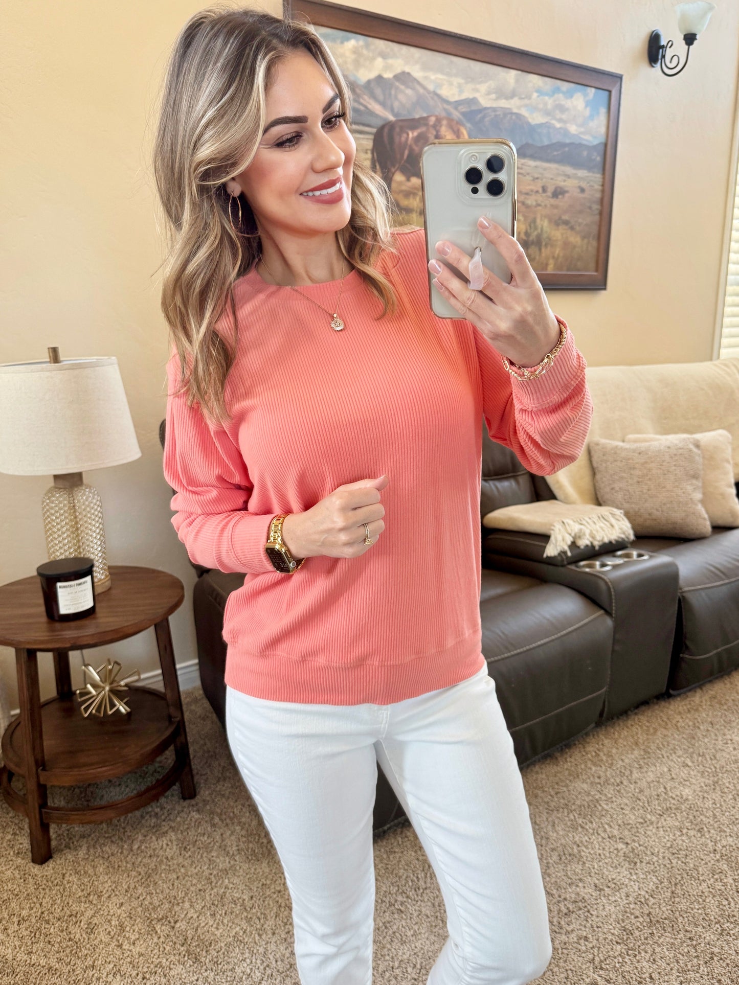 CORRINE RIBBED BRUSHED HACCCI PULLOVER - CORAL