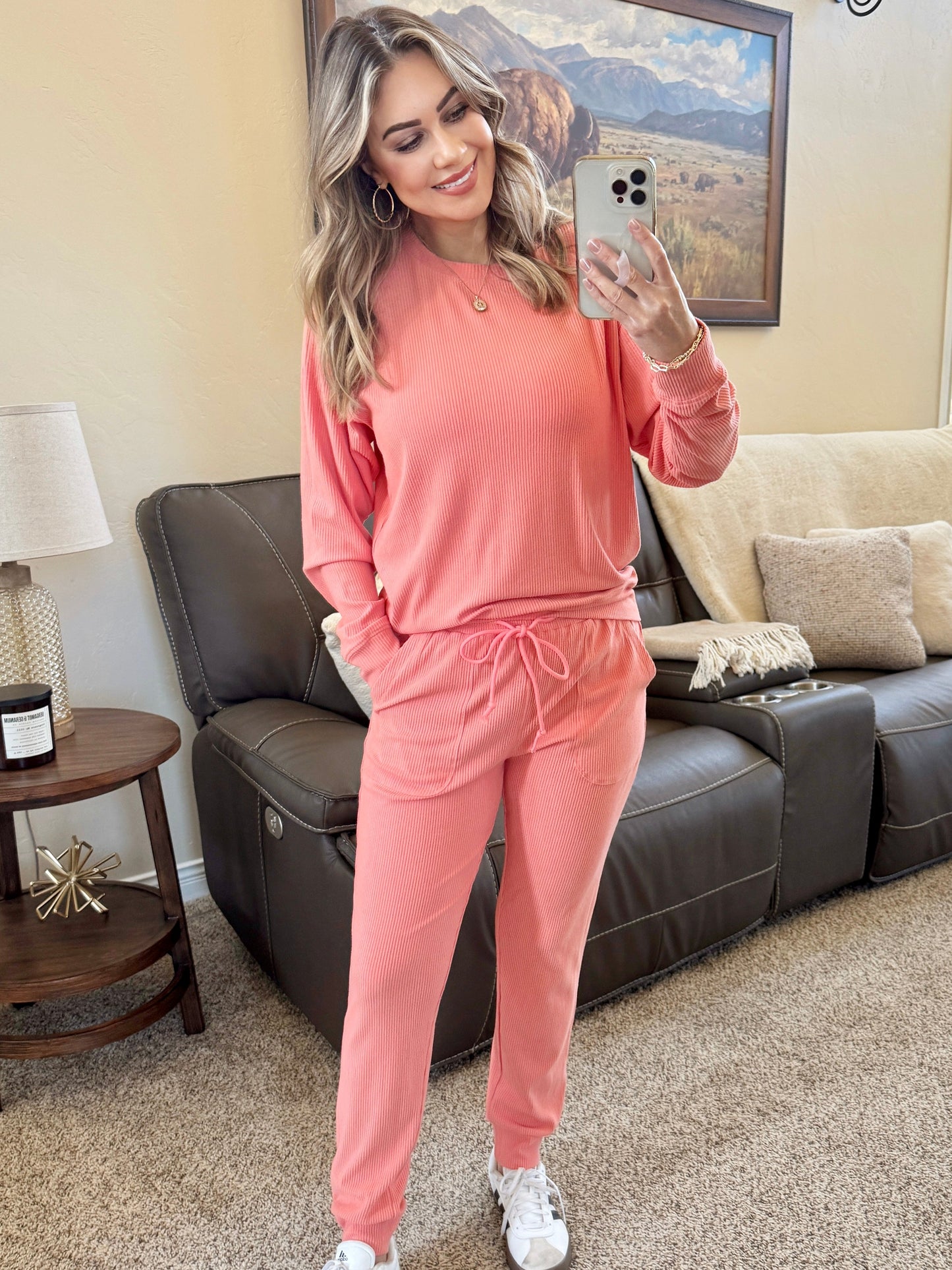CORRINE RIBBED BRUSHED HACCCI PULLOVER - CORAL