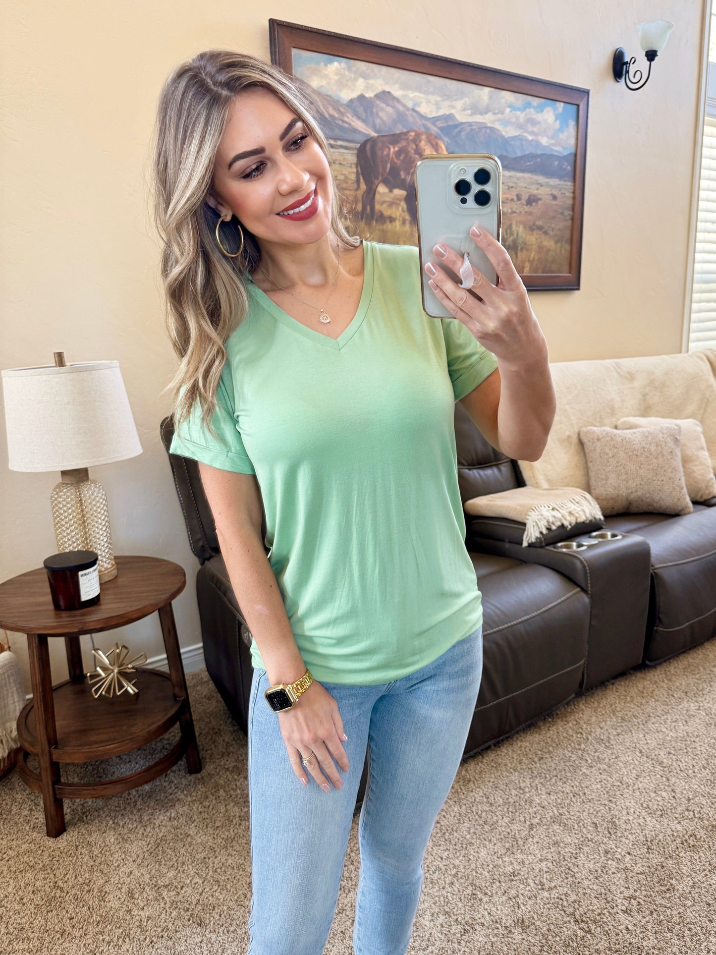 SOPHIE V NECK TEE - SEAFOAM GREEN