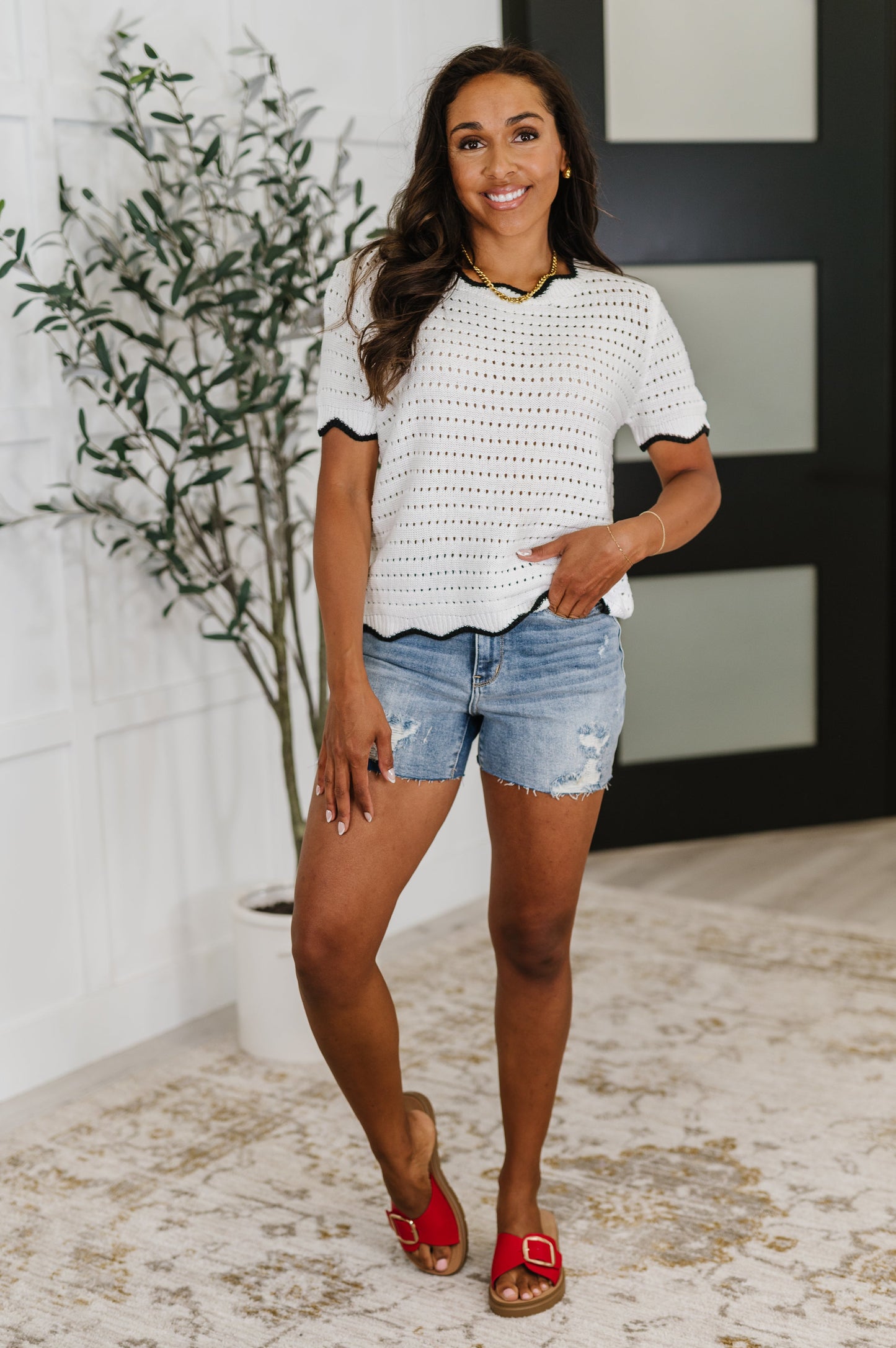 OPEN KNIT SWEATER TOP w/ BLACK SCALLOPED TRIM