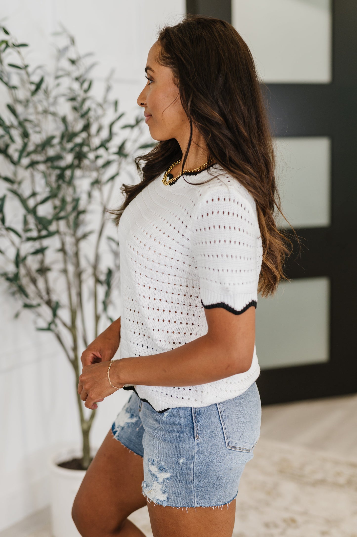 OPEN KNIT SWEATER TOP w/ BLACK SCALLOPED TRIM