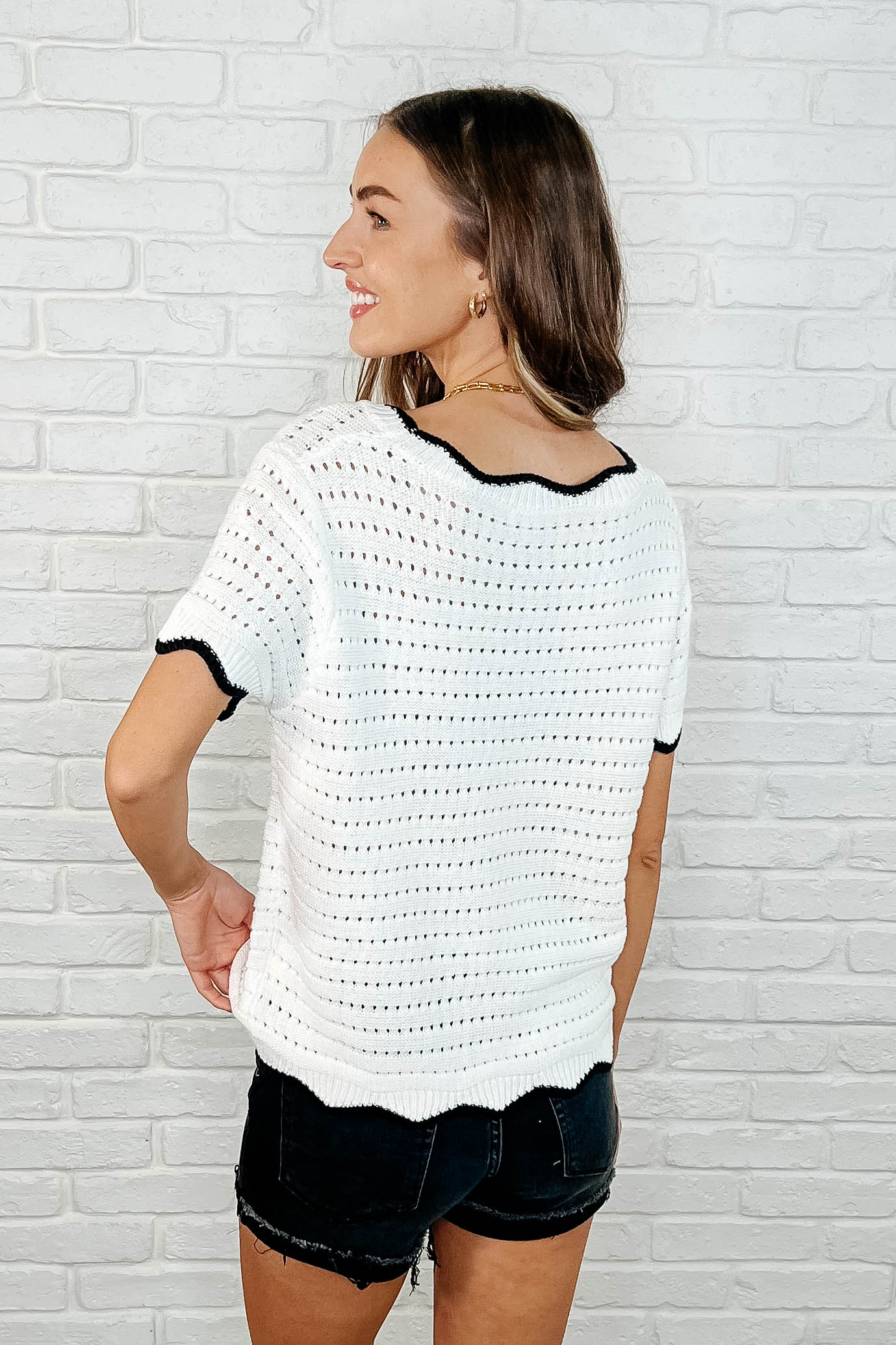 OPEN KNIT SWEATER TOP w/ BLACK SCALLOPED TRIM