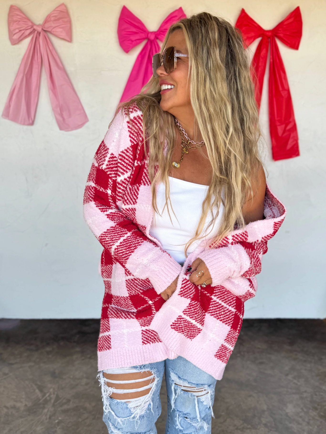 RED & PINK PLAID CLOUD CARDIGAN