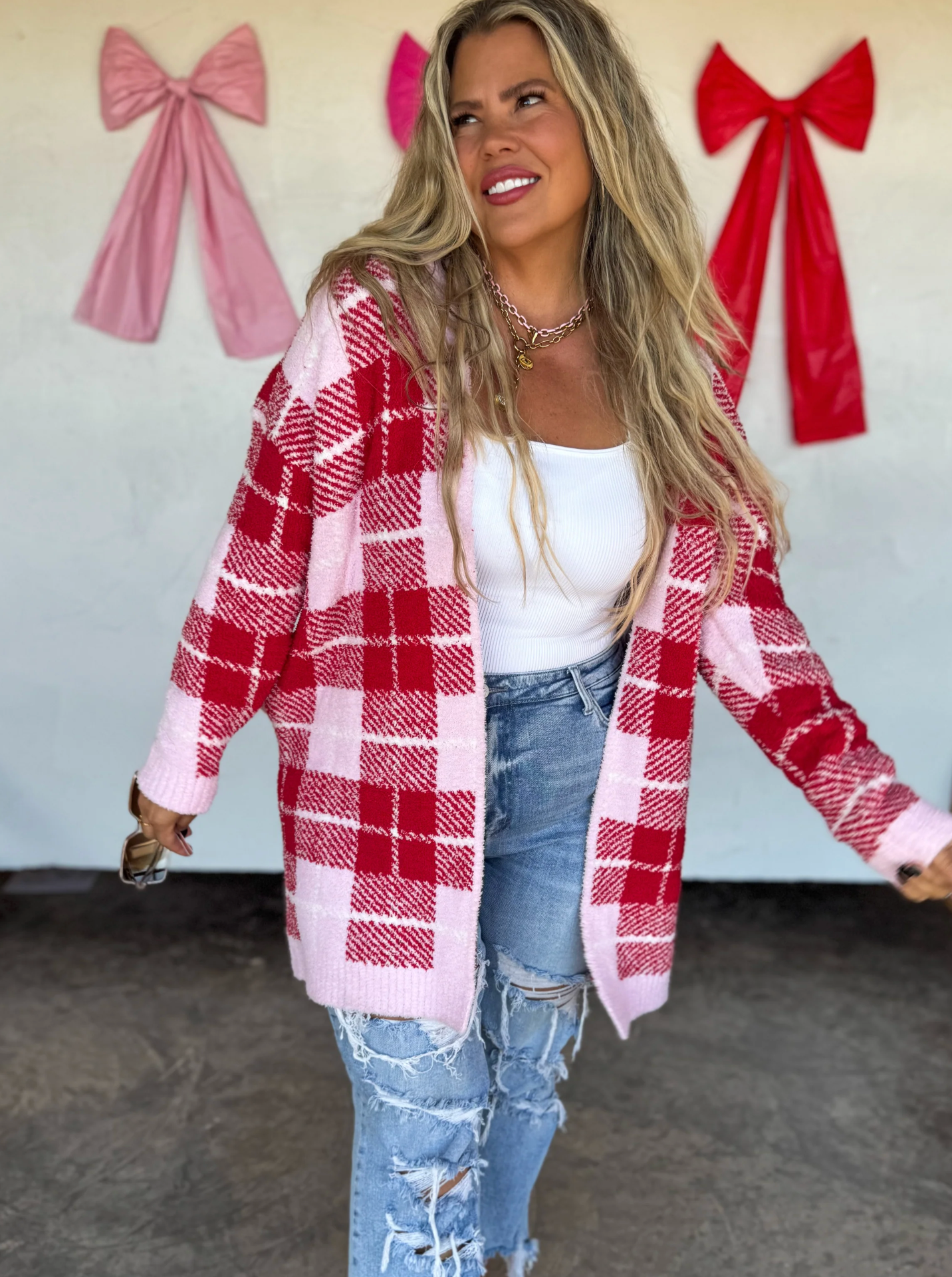 RED & PINK PLAID CLOUD CARDIGAN