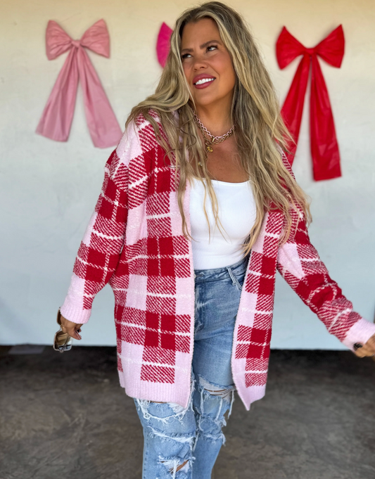 RED & PINK PLAID CLOUD CARDIGAN