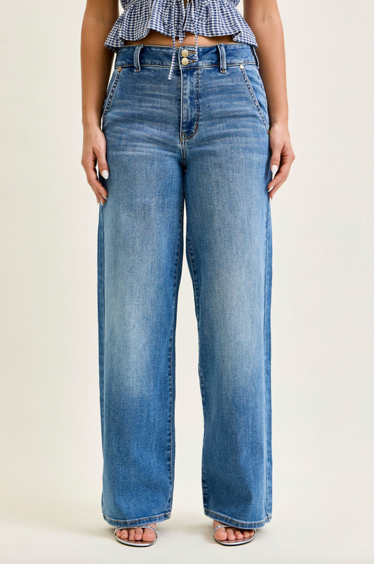 JUDY BLUE HIGH RISE TROUSER STYLE WIDE LEG JEANS - 32" INSEAM