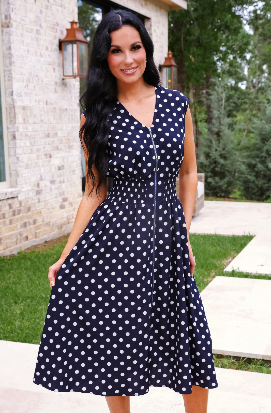 *PREORDER* ANNIE MIDI ZIPPER DRESS - NAVY POLKA