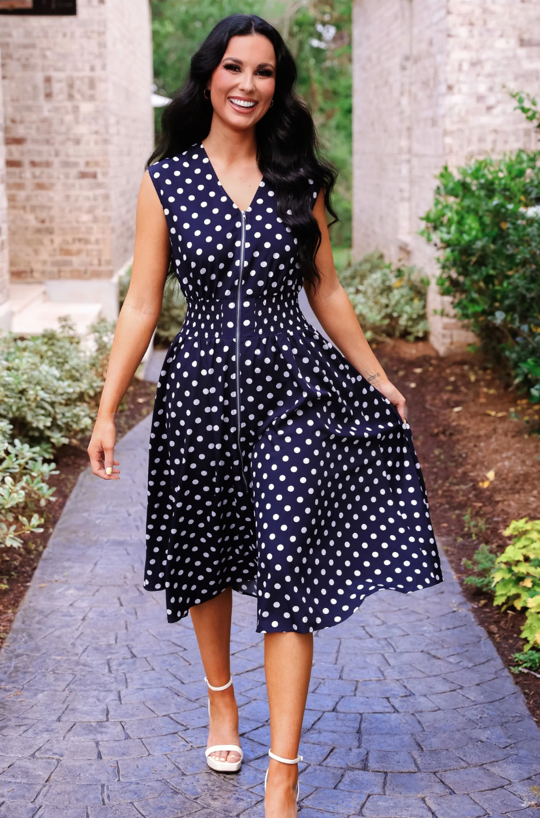 *PREORDER* ANNIE MIDI ZIPPER DRESS - NAVY POLKA