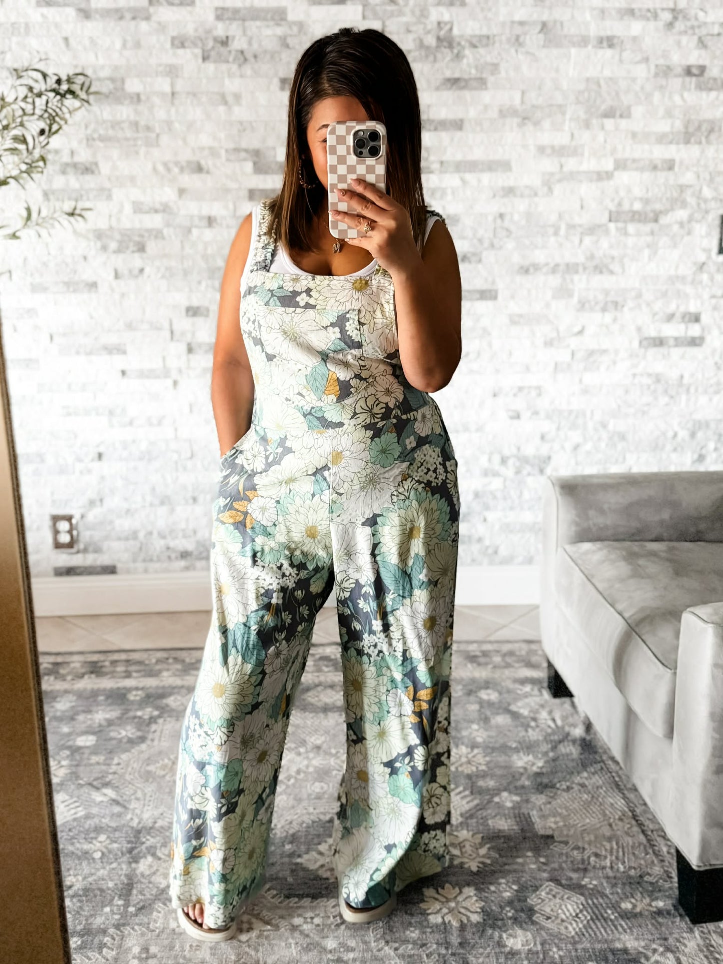 LINEN GARDEN SAGE FLORAL CROPPED OVERALLS