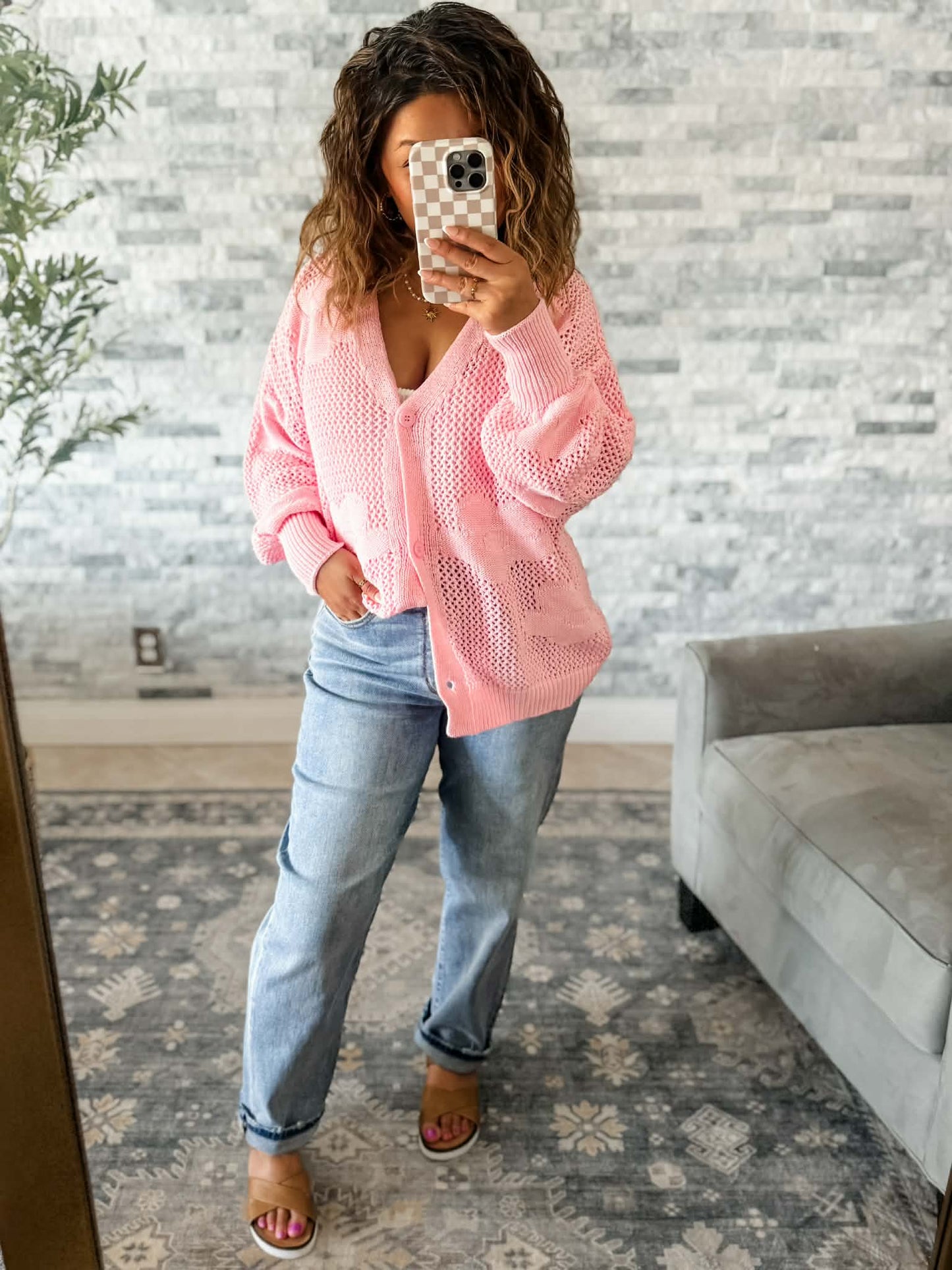 PINK DAYDREAM OPEN KNIT FLORAL CARDIGAN