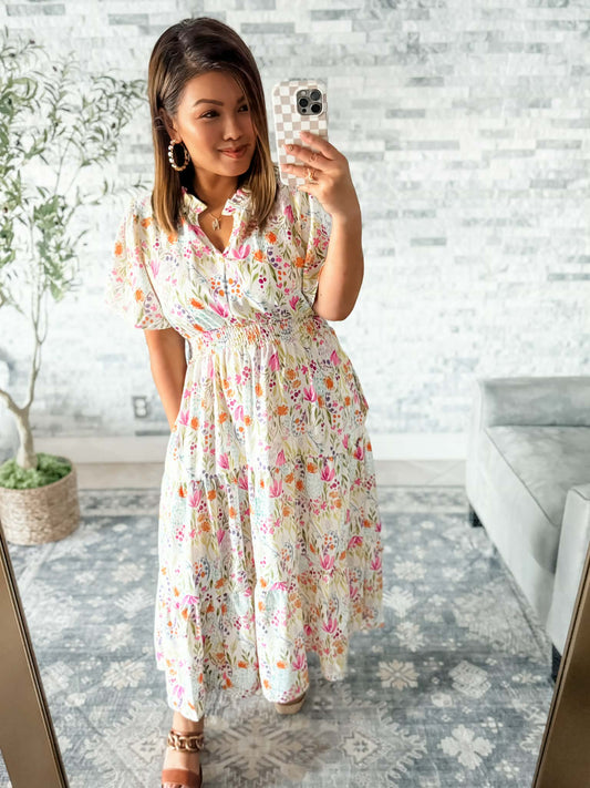 PETALS IN THE BREEZE SMOCKED MIDI DRESS
