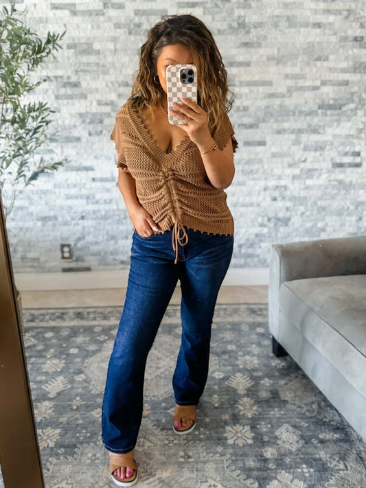 FRONT RUCHED SWEATER KNIT TOP in SAHARA