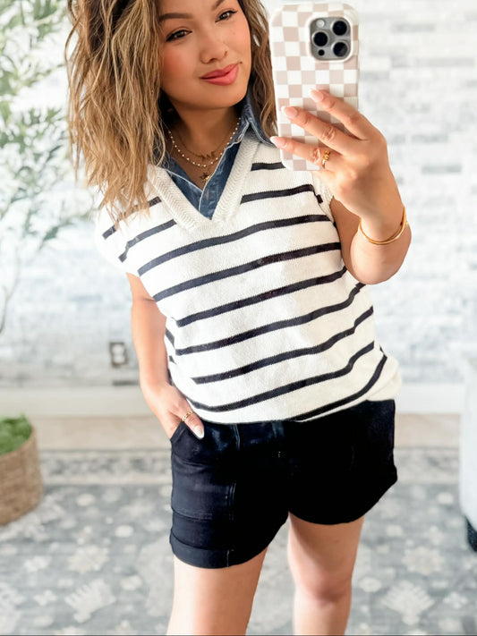 OCEAN VIEW DENIM FAUX COLLAR SWEATER VEST