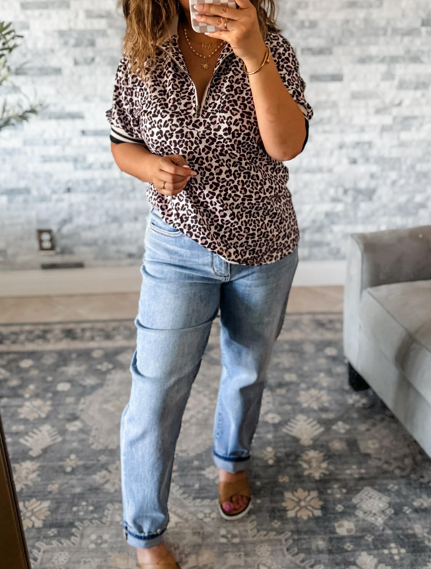 COLLARED LEOPARD TOP w/ ZIP FRONT