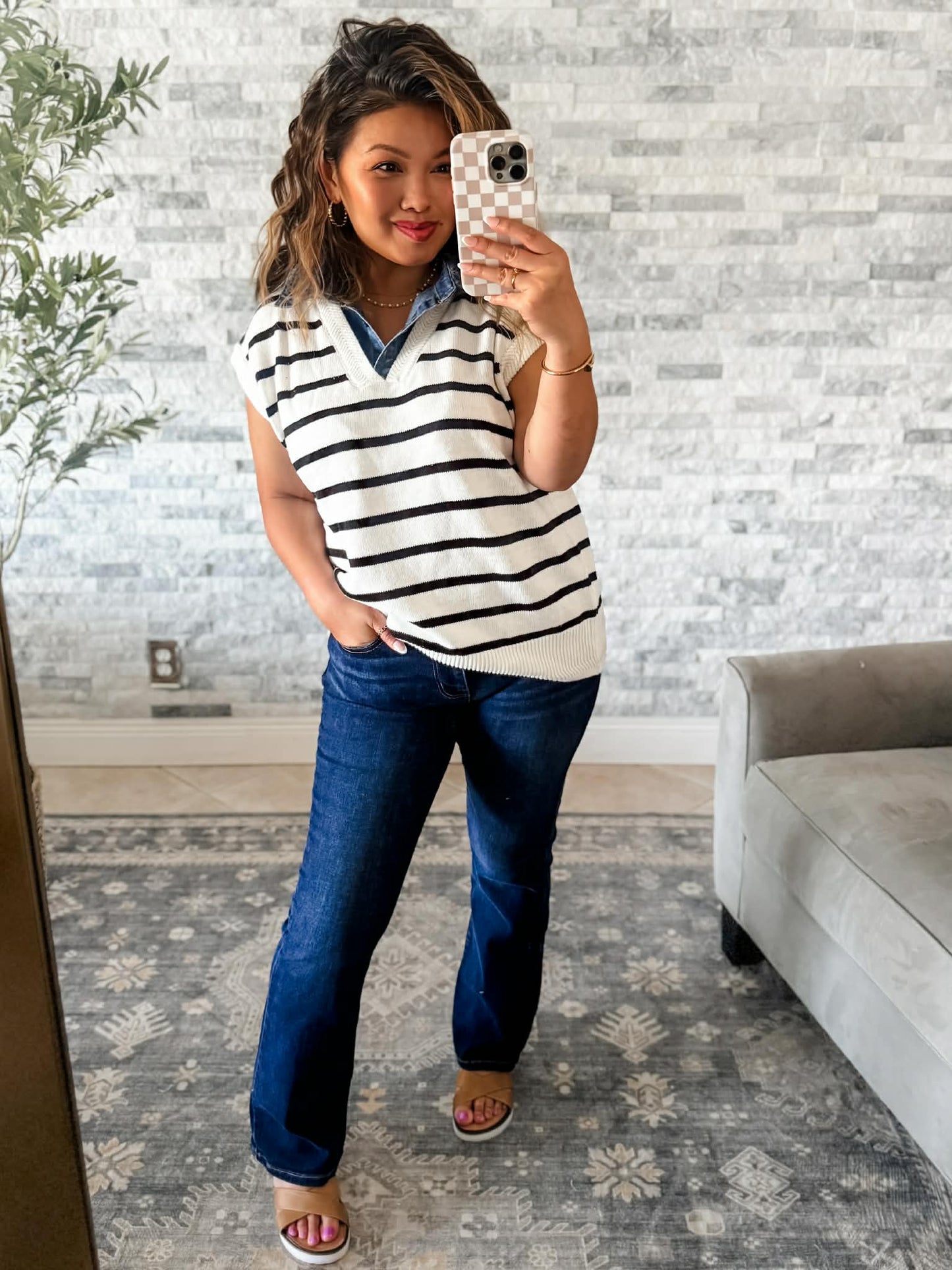 OCEAN VIEW DENIM FAUX COLLAR SWEATER VEST