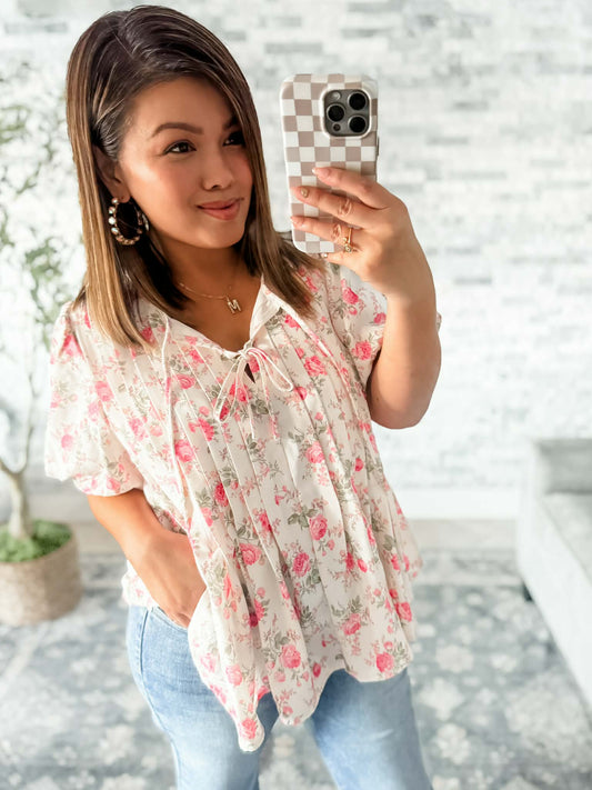 WITH A ROSY GLOW CREAM PLEATED TOP
